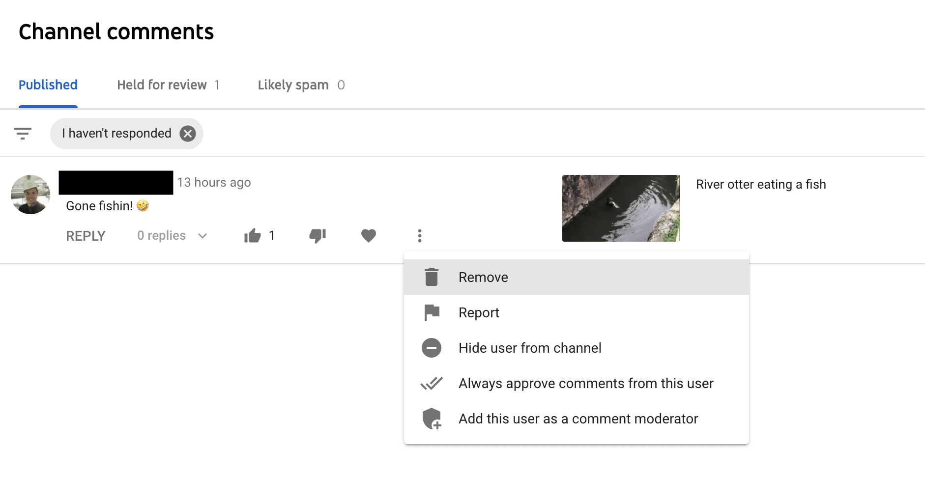 Delete YouTube comments that automatically publish