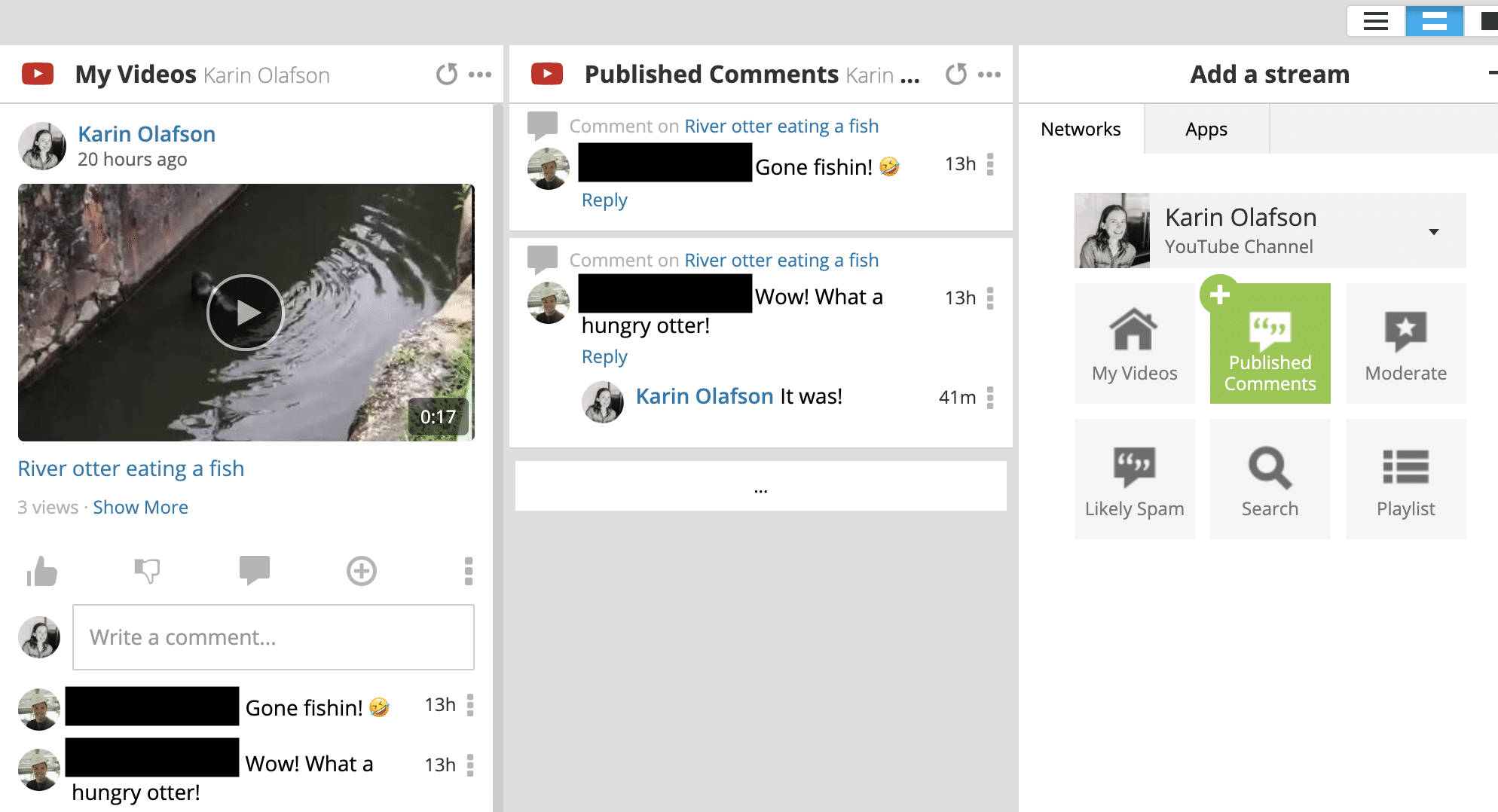 Hootsuite dashboard published comment stream