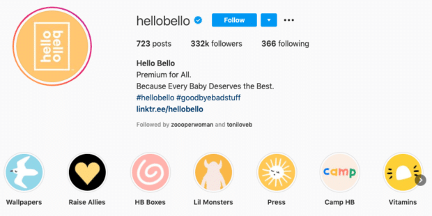 Screenshot of Hello Bello's Instagram page with highlight icons