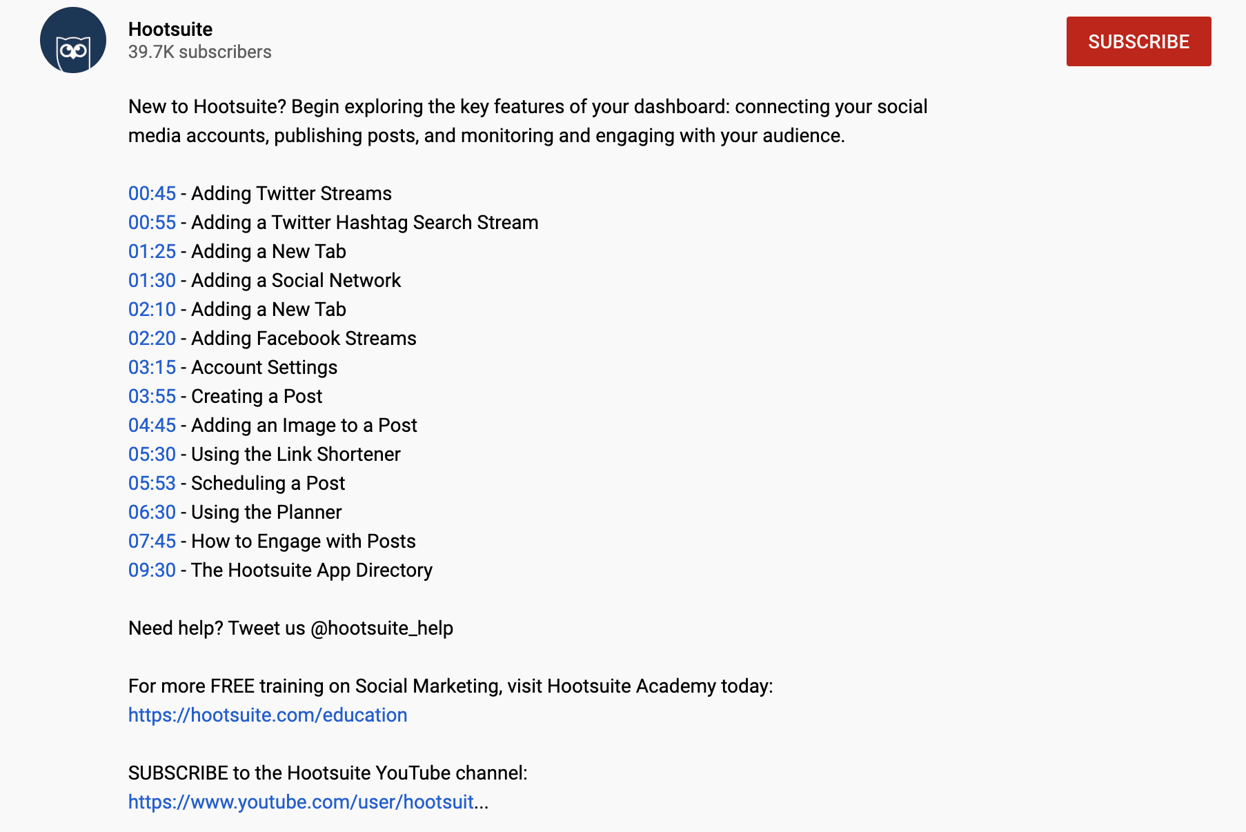 YouTube Hootsuite video description with timestamps