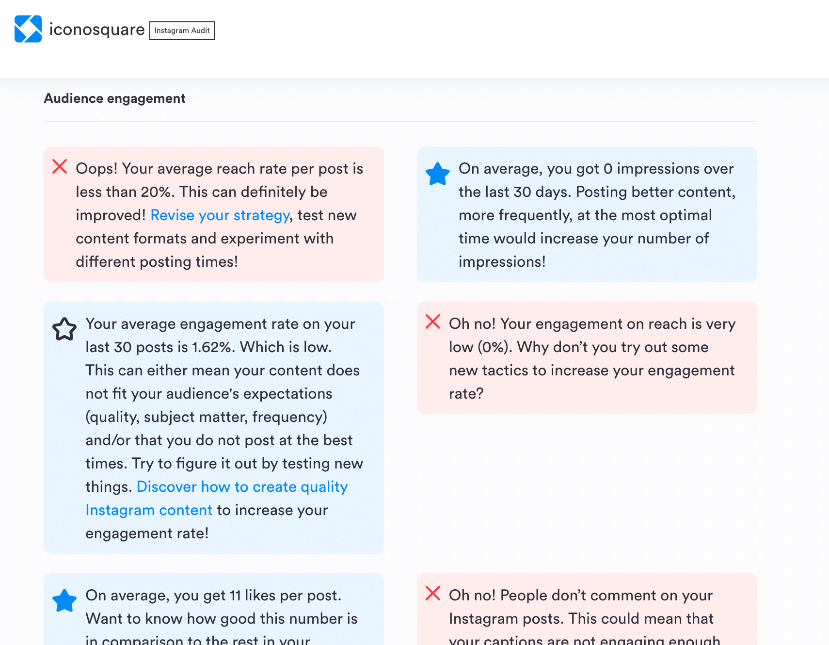 Iconosquare Instagram Audit results