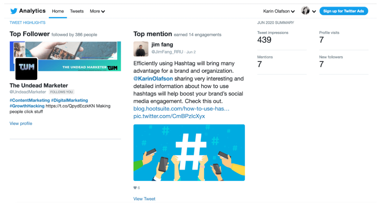 Twitter analytics home dashboard