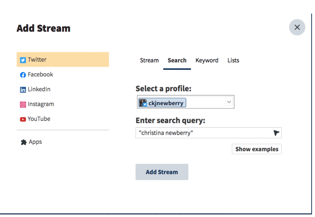 Hootsuite dashboard add stream