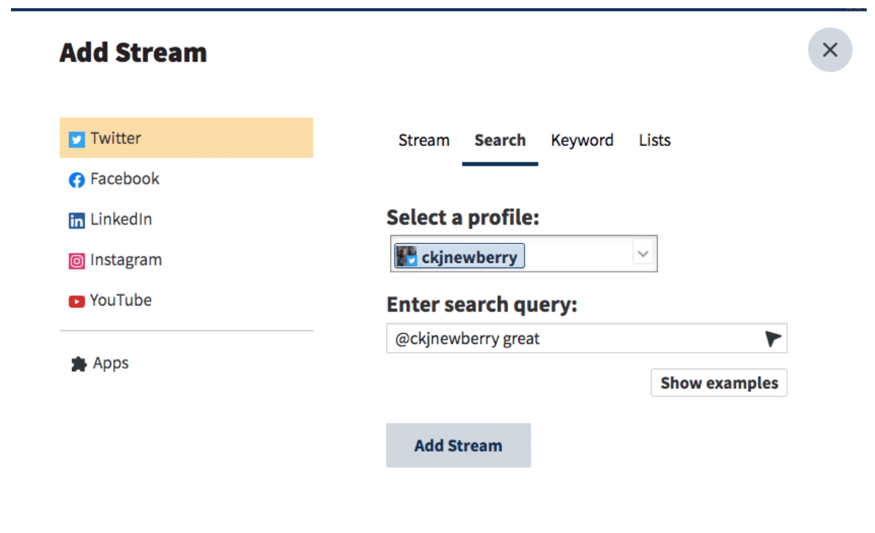 Hootsuite dashboard name positive keyword