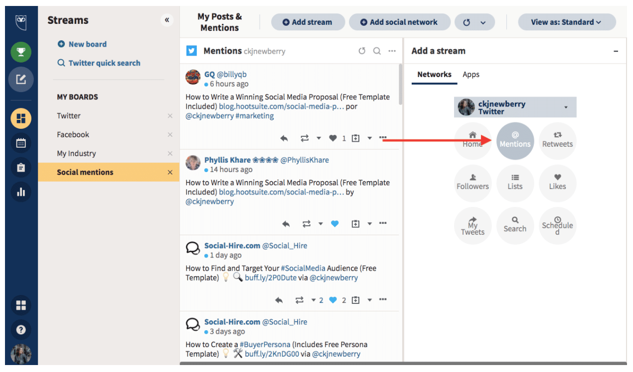 Hootsuite dashboard Mentions stream