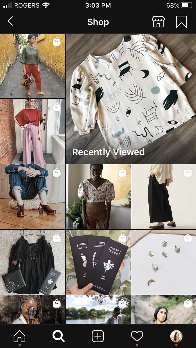 Instagram Shop page showing "recently viewed" items