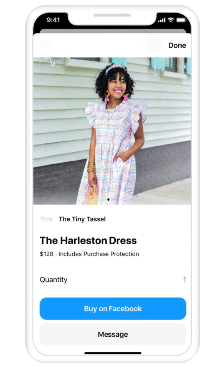 Facebook post of a dress with option to buy on Facebook