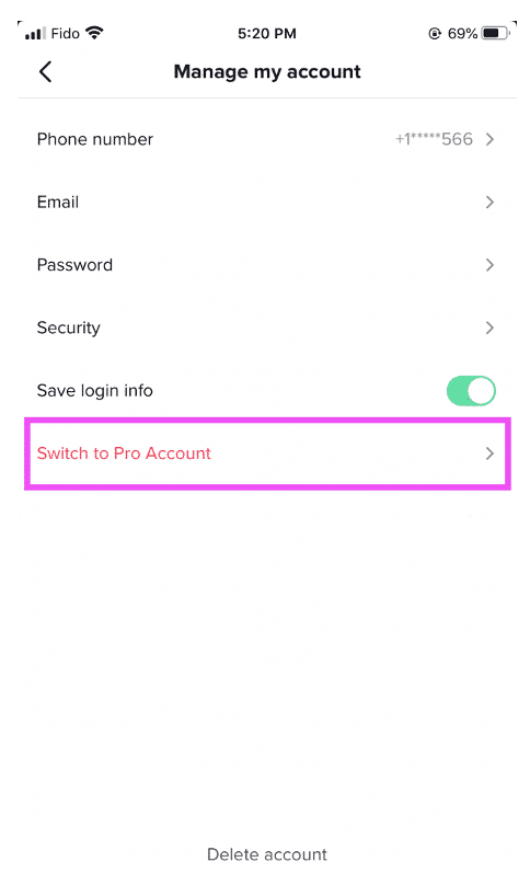TikTok for Business switch to pro account