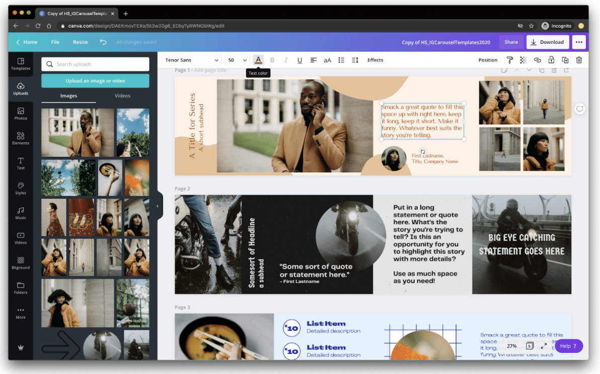 Swap in photos by clicking Uploads on side menu
