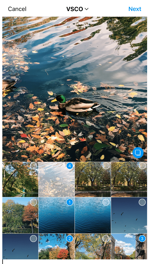 Select up to 10 photos or videos in order of appearance