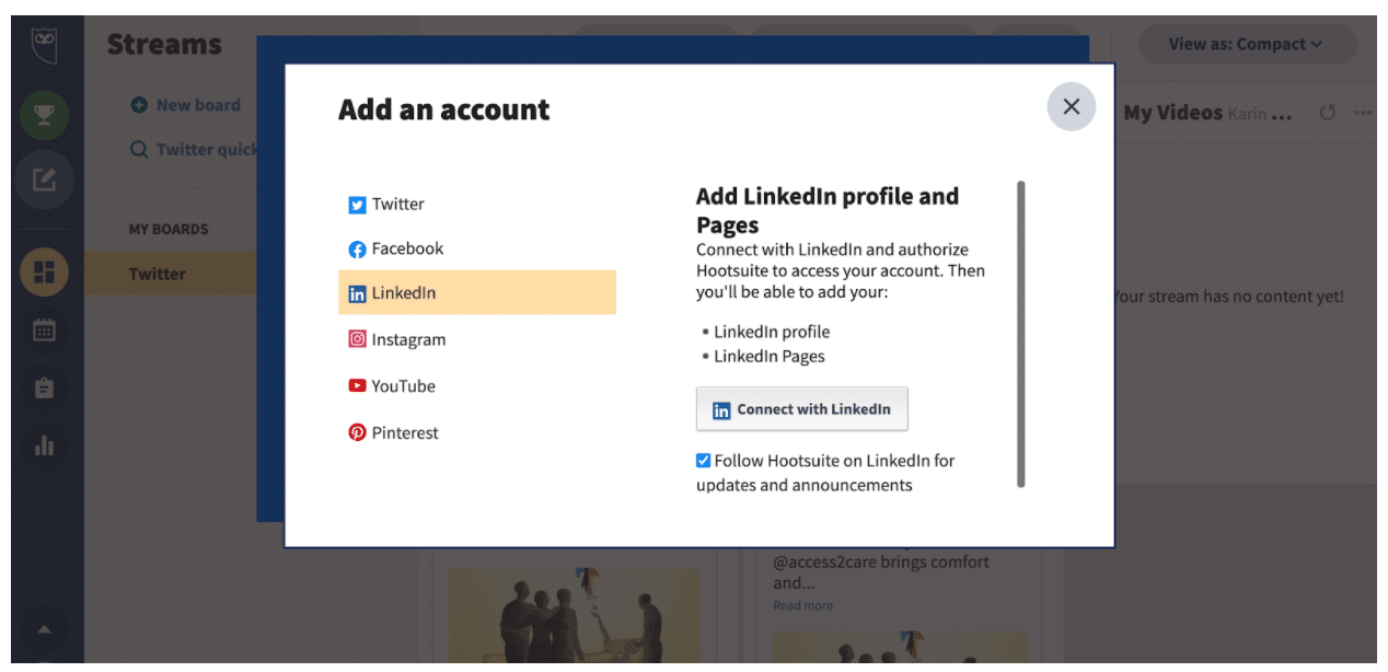 Choose which channel to add on Hootsuite dashboard