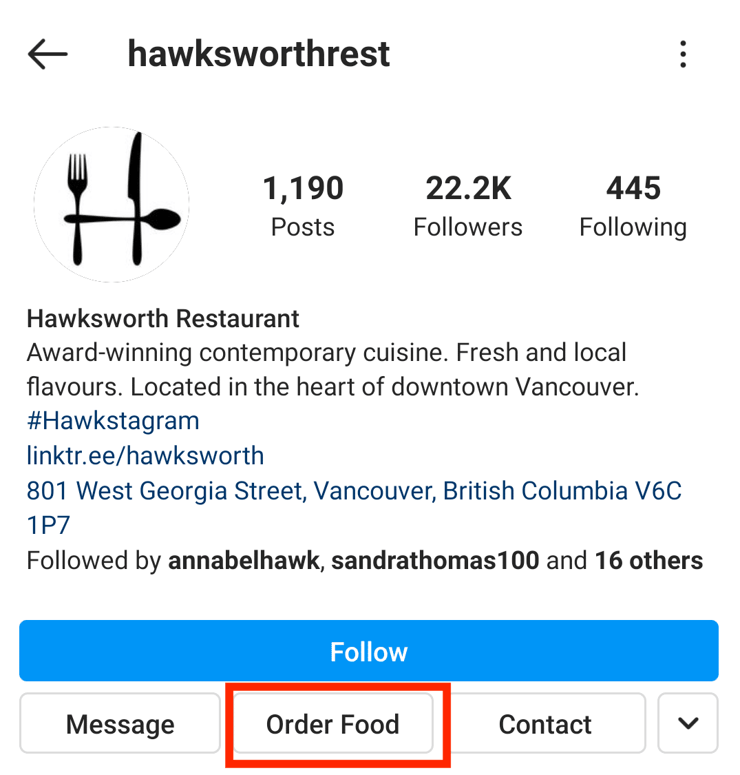 Hawksworth Restaurant Order Food button