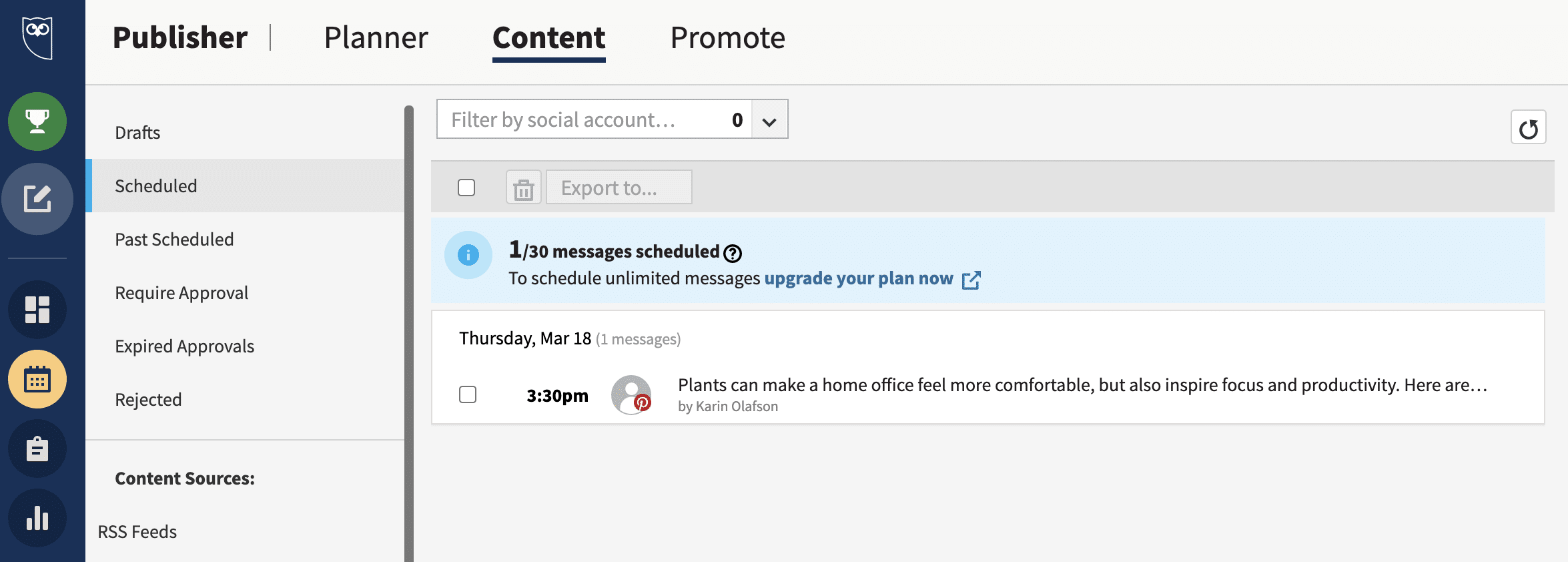 Hootsuite Content view list of Pins