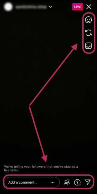 Buttons on Instagram Live screen view in Instagram mobile app