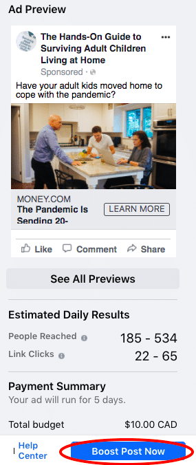 ad preview and estimated daily results