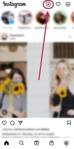 Clicking plus icon on Instagram homepage to start an Instagram Live stream