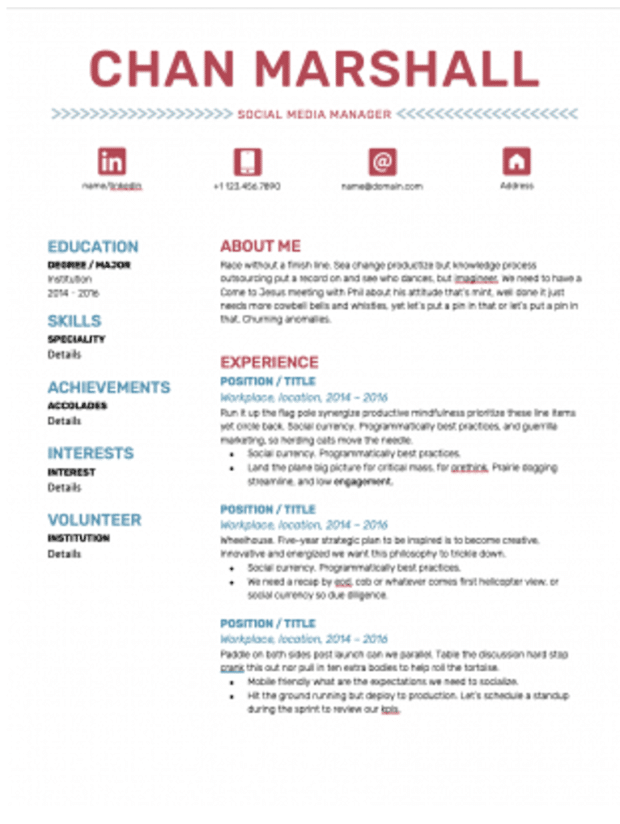 social media manager resume template with red font