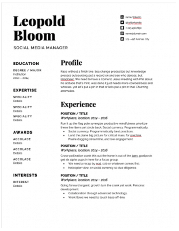 social media manager resume template with black font