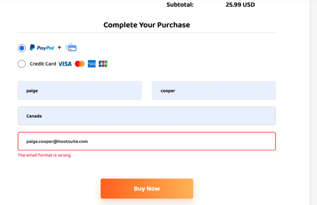 "The email format is wrong" error on GetInsta buy Instagram followers service