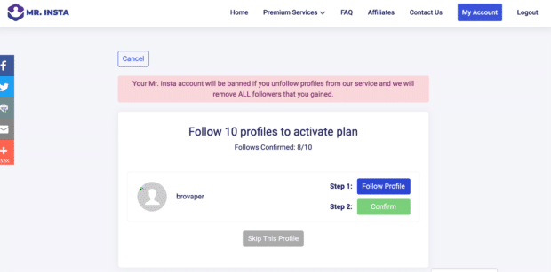 Mr. Insta request to follow 10 profiles to activate your "buy instagram followers" plan