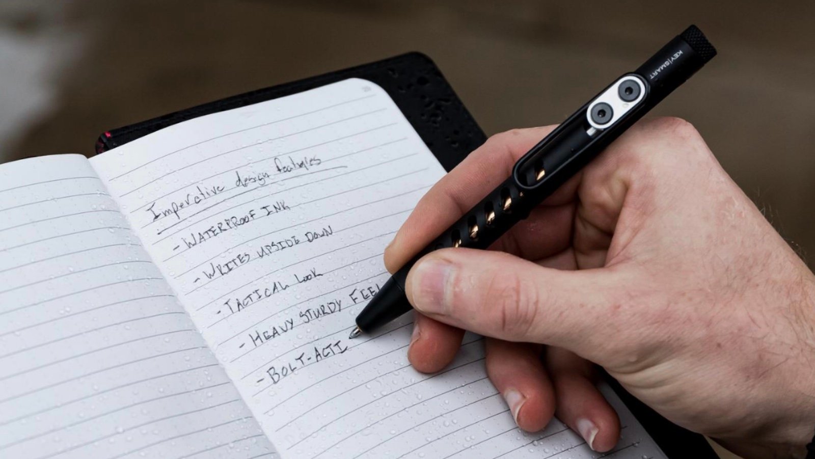 The Tactiv Bolt Action Pen can write in rain and has a rifle-inspired mechanism