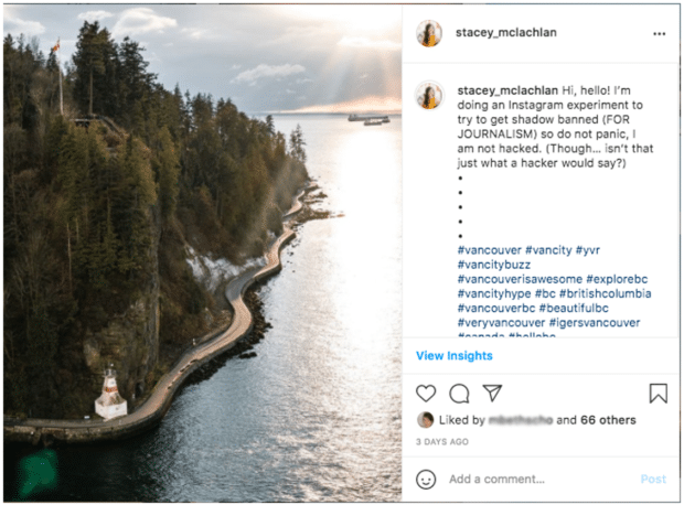 Instagram post featuring view of Stanley Park seawall in Vancouver BC