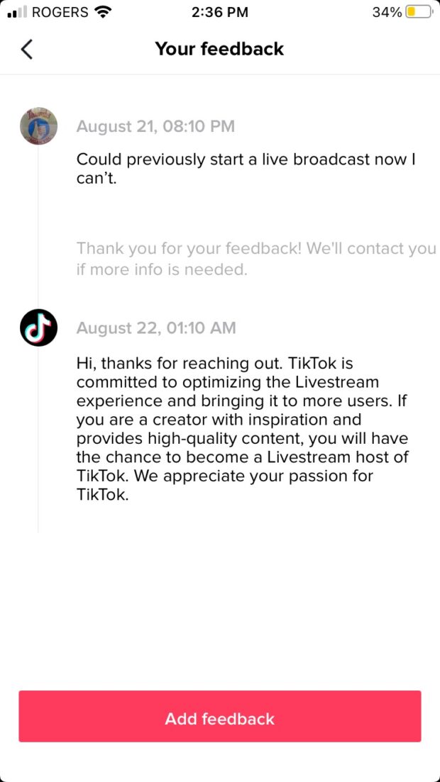 Feedback submission screen on TikTok