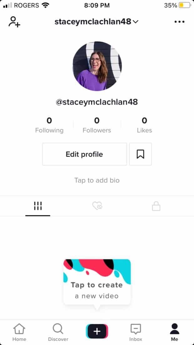 "Tap to create a new video" button on TikTok