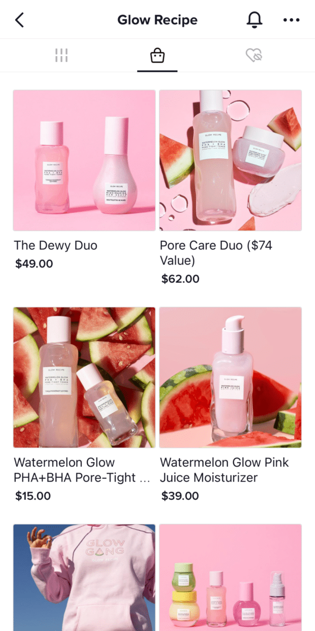 Inside the TikTok shopping tab on skincare brand Glow Recipe's profile