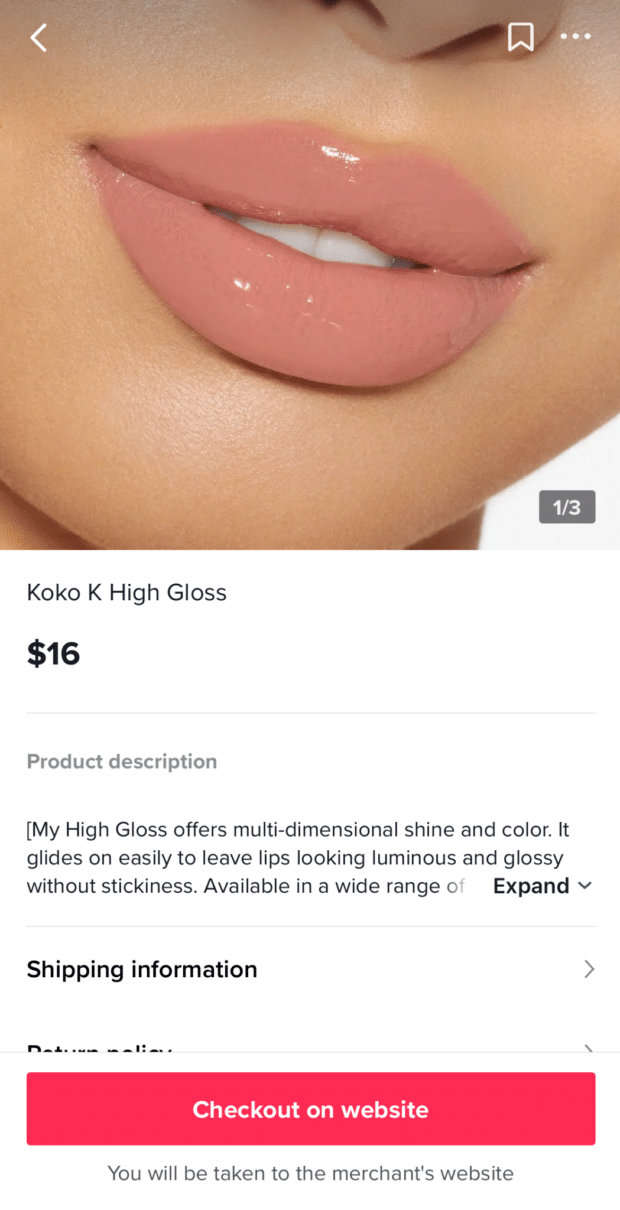 Product page on Kylie Cosmetics' TikTok profile featuring "Checkout on website" button