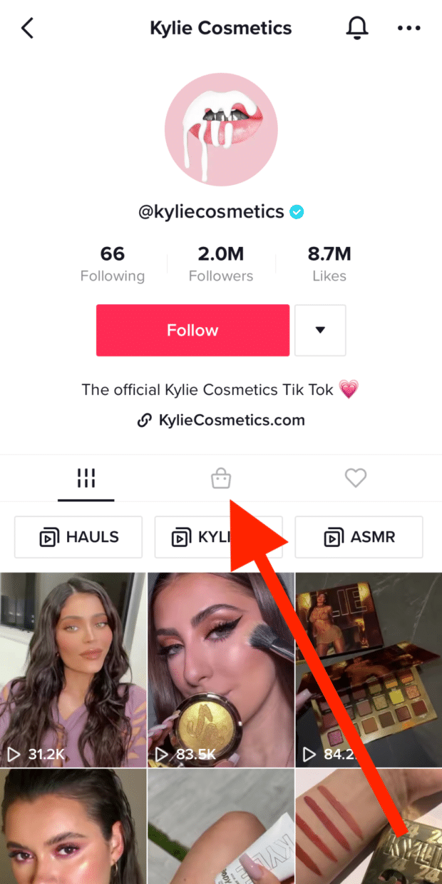 Kylie Cosmetics profile on TikTok with shopping tab