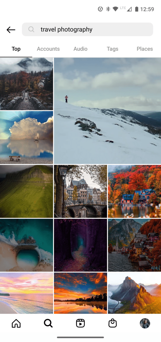 keyword results page for travel photography