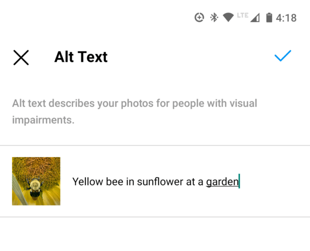 enter alt text and tap blue check mark