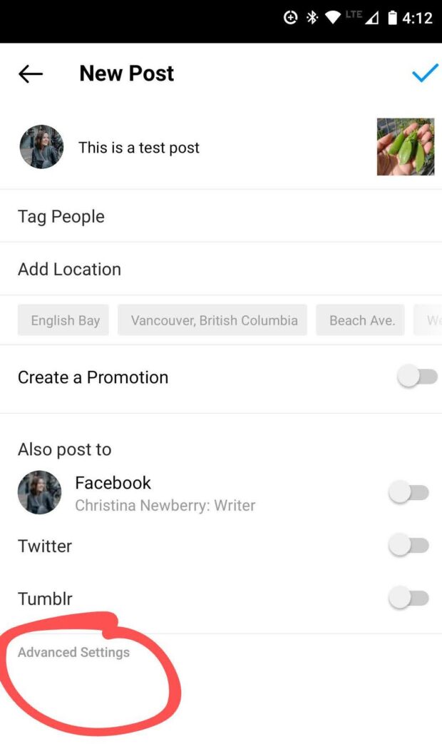 click advanced settings to add alt text to Instagram photo