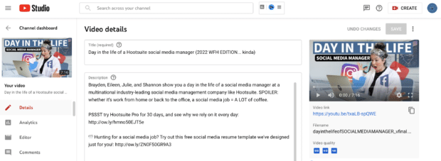 Video details in YouTube Creator Studio