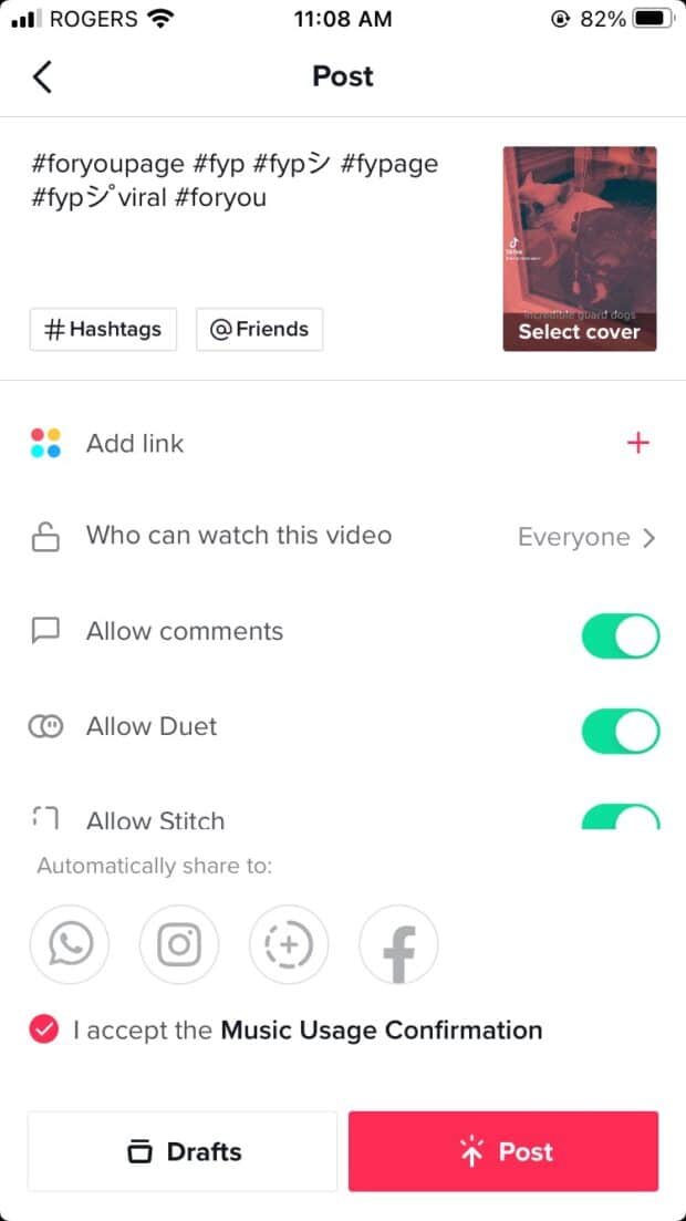 TikTok video with for you page related hashtags