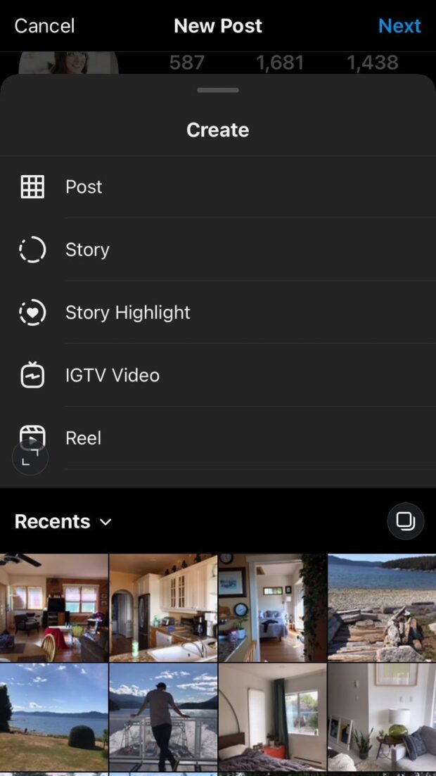 Instagram Create menu