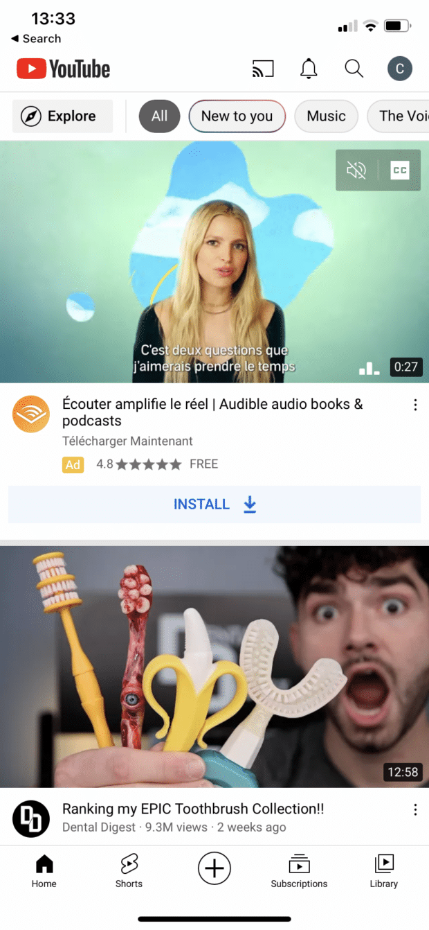 Shorts button on YouTube mobile app