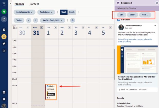 Hootsuite Planner - calendar view