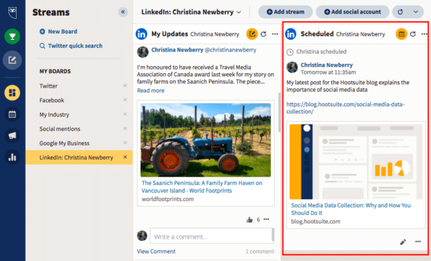 Scheduled posts stream in Hootsuite