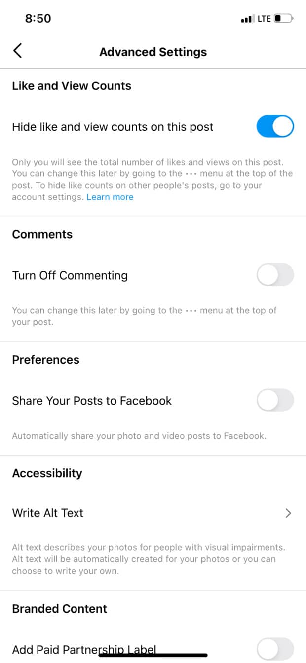 Advanced Settings option Hide Likes and View Counts on individual post