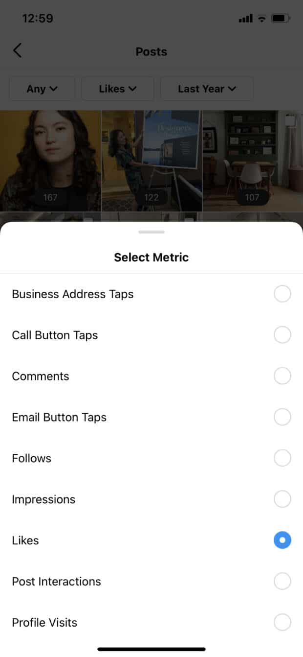 Instagram Post gallery with select business metrics