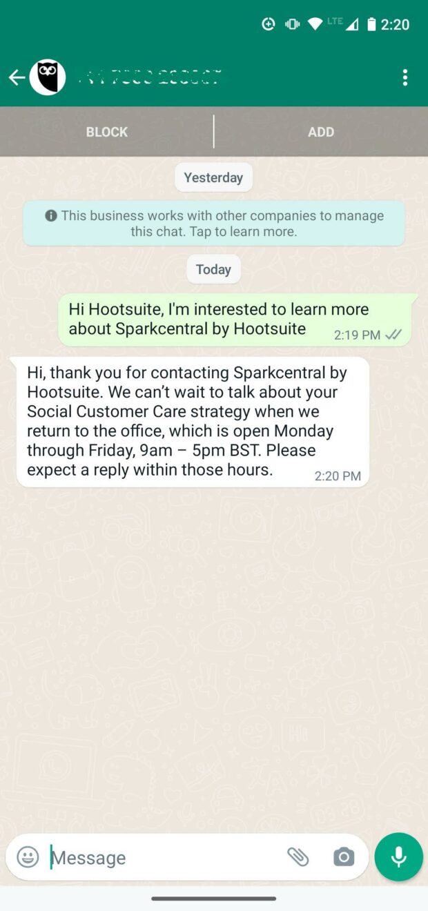 Sparkcentral autoresponder DM response time expectations business hours