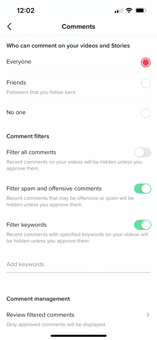 filter keywords and offensive comments
