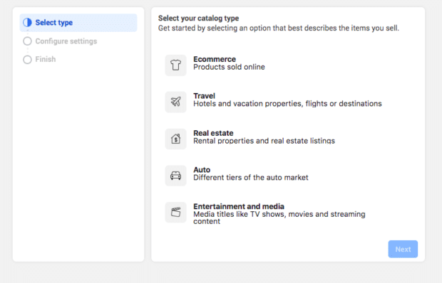 Setting up Facebook Commerce Manager - selecting catalog type