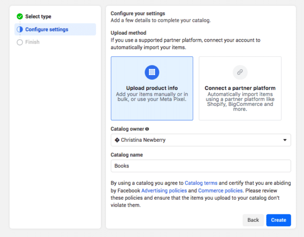 Setting up Facebook Commerce Manager account - choosing how to add product info