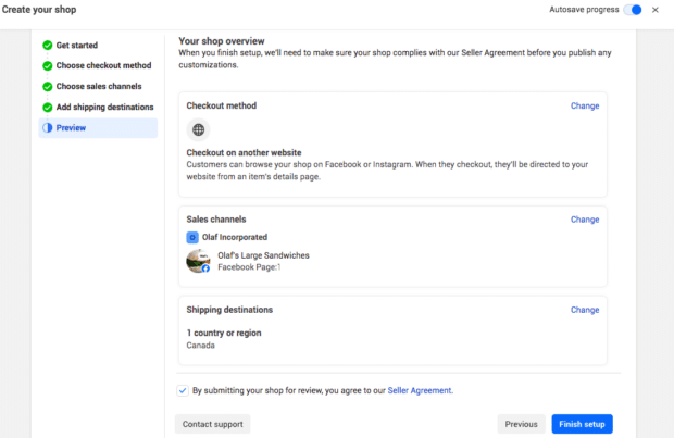 Facebook Shop overview in settings