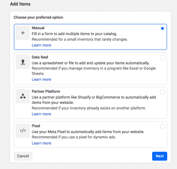 Manually adding items to Facebook Shop catalog