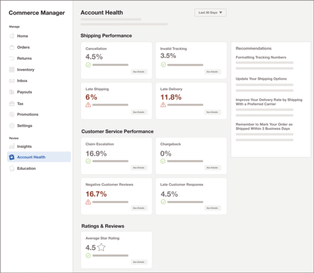 Account health analytics in Facebook Commerce Manager