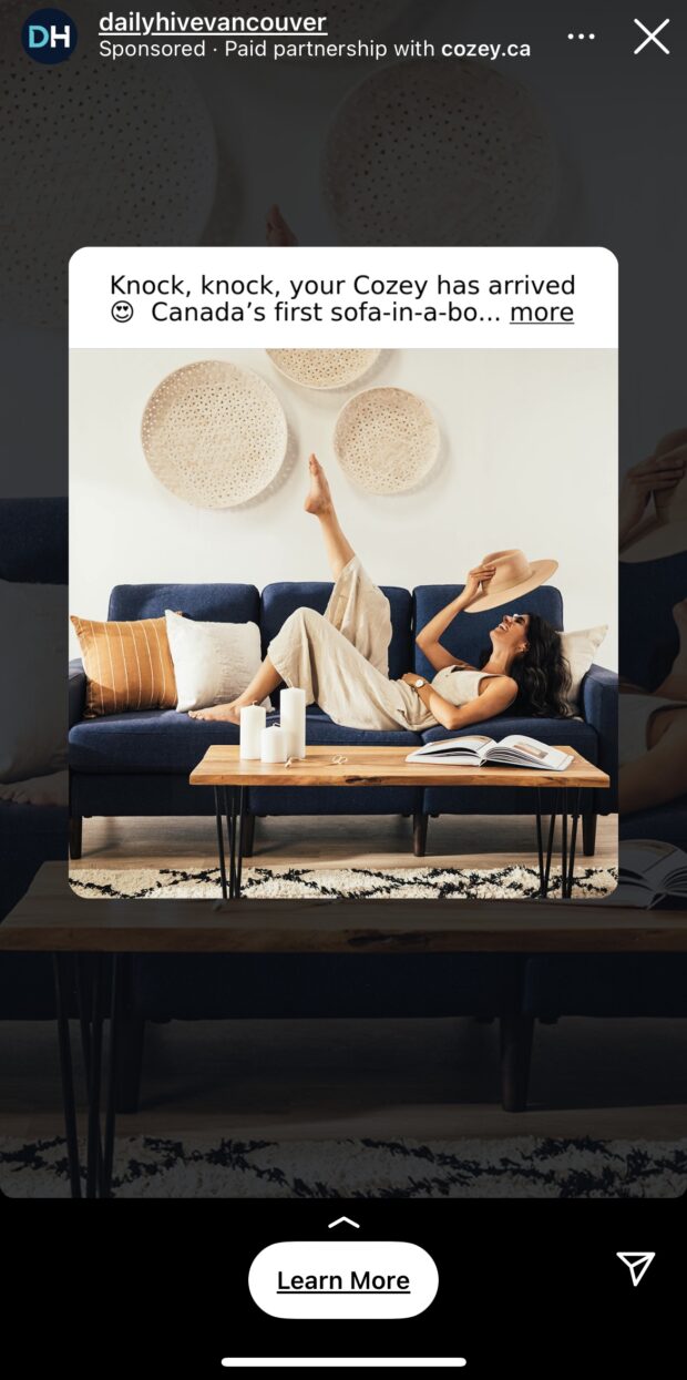 Instagram promoted ad for couch on Stories